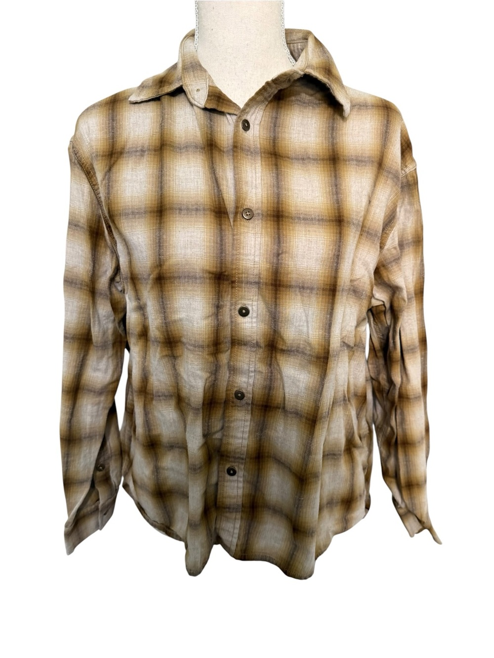Zara Man Plaid Flannel Button Down Shirt‎ Brown Tan Long Sleeve Small